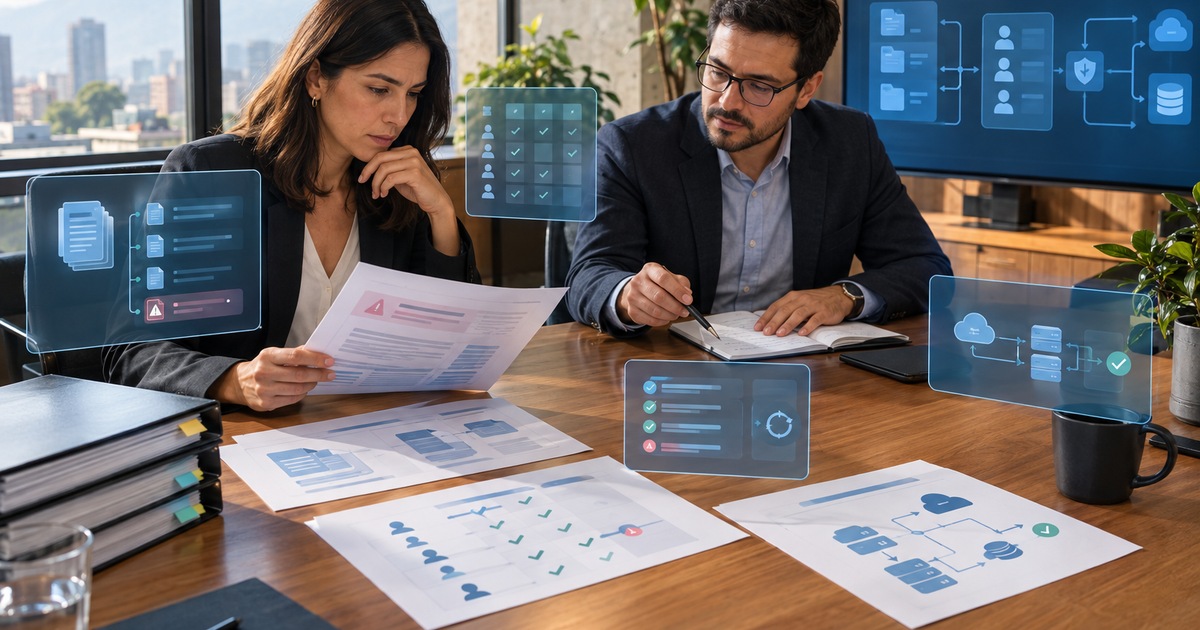 Equipo revisando un plan de mantenimiento y continuidad para una solución de inteligencia artificial empresarial