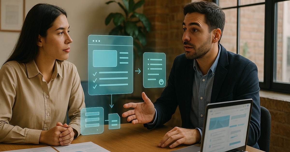 Equipo revisando el recorrido de una web B2B con formularios, perfiles de clientes y seguimiento comercial en una mesa de trabajo