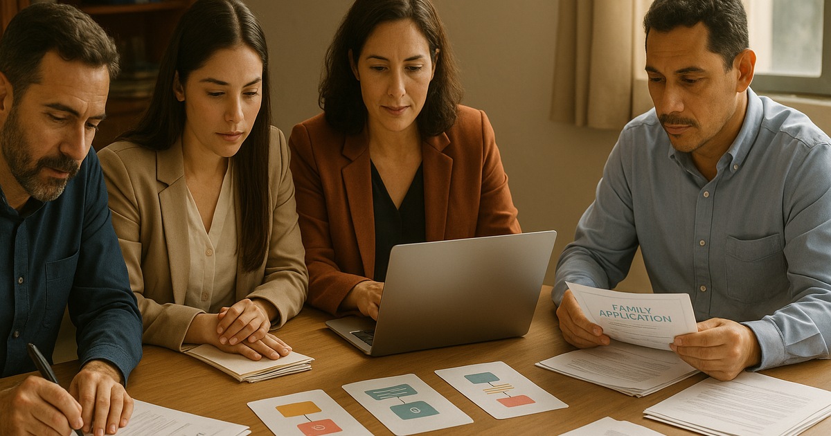 Equipo de un colegio revisando solicitudes de familias con apoyo digital y supervisión humana
