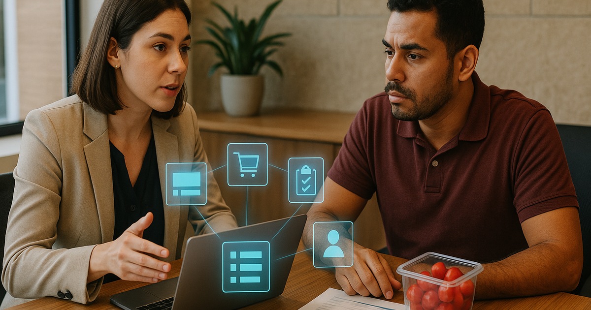 Equipo de distribución de alimentos revisando pedidos y disponibilidad con apoyo de inteligencia artificial