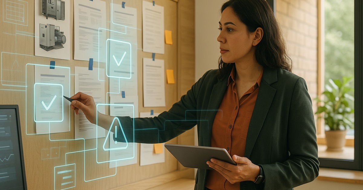 Responsable de mantenimiento revisando avisos y órdenes de trabajo con apoyo de inteligencia artificial