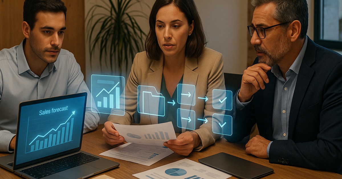 Equipo comercial revisando un pronóstico de ventas asistido por IA con cartera, señales y escenarios de decisión