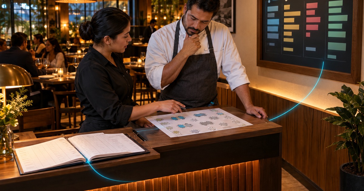 Personal de un restaurante revisando reservas y cambios de servicio en una mesa de operaciones