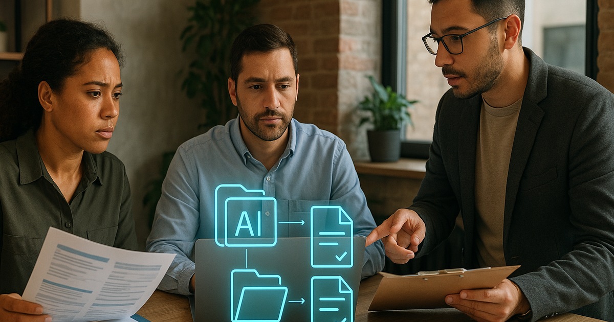 Equipo empresarial revisando la documentación de una implementación de inteligencia artificial
