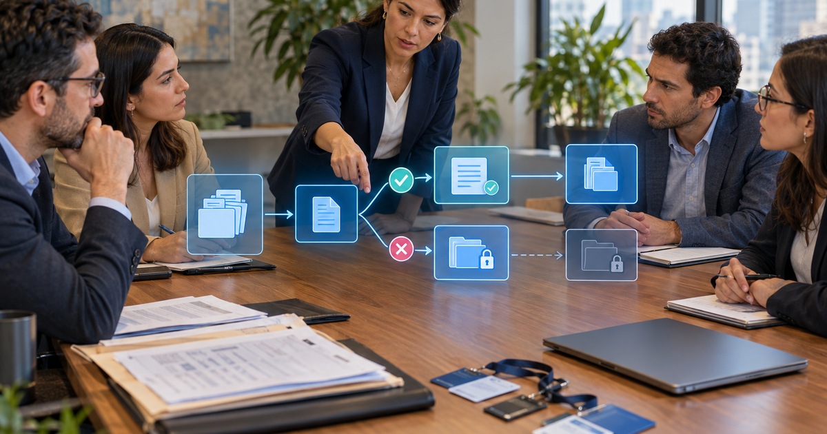 Escena editorial sobre modelos de IA y datos internos: separar acceso y uso