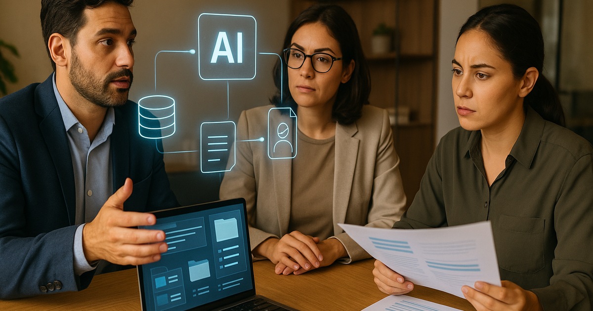 Equipo empresarial revisando el alcance de un servicio de inteligencia artificial aplicado a un proceso real