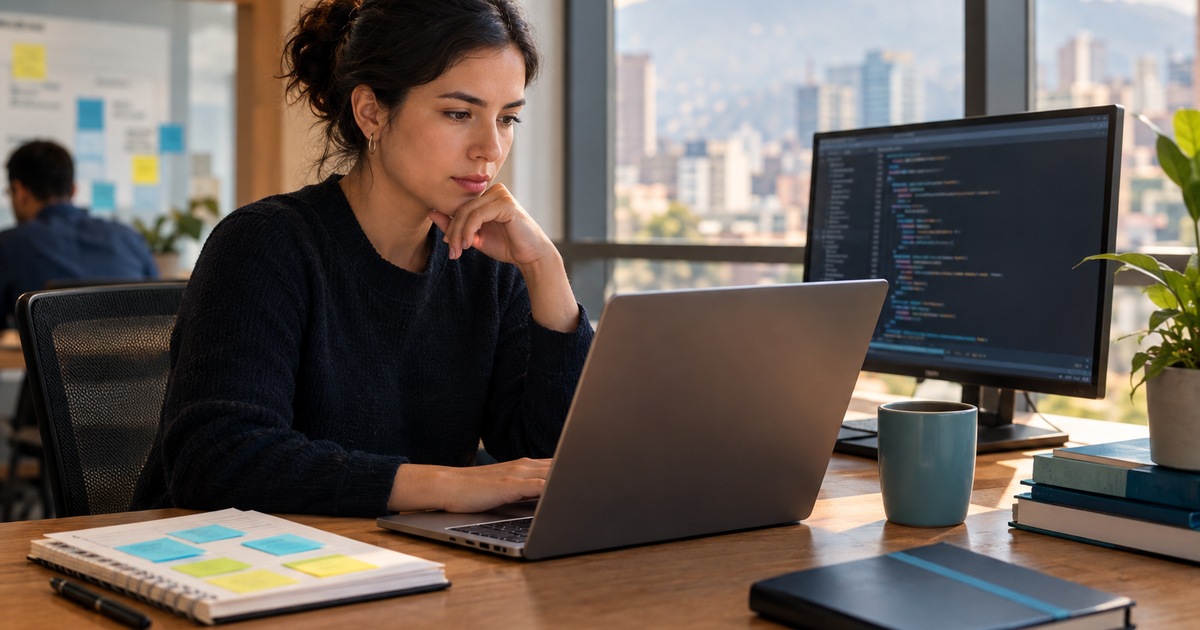 Escena editorial sobre Vibe coding: cuándo se necesita desarrollo profesional